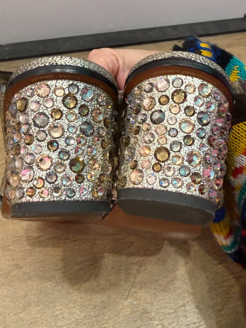 Chloe Silver Metallic Leather Rhinestone Crystal Block Heel Mule Slides 38.5 - Picture 10 of 14